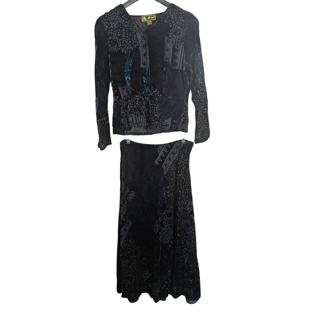 Vintage 90s Whimsigoth Set L Maxi Skirt Teal Black Velvet Burnout Sheer Witchy